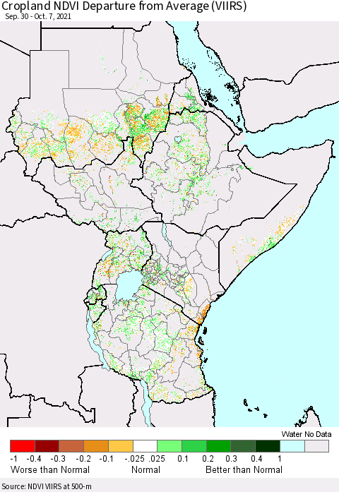 Eastern Africa Cropland NDVI Departure from Average (VIIRS) Thematic Map For 9/30/2021 - 10/7/2021