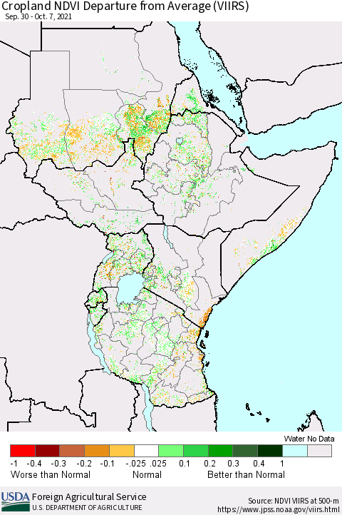 Eastern Africa Cropland NDVI Departure from Average (VIIRS) Thematic Map For 10/1/2021 - 10/10/2021