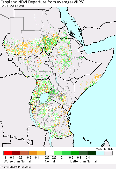Eastern Africa Cropland NDVI Departure from Average (VIIRS) Thematic Map For 10/8/2021 - 10/15/2021