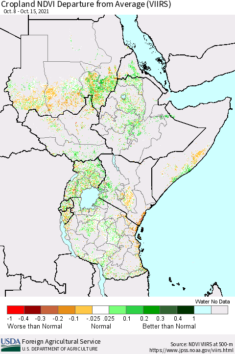 Eastern Africa Cropland NDVI Departure from Average (VIIRS) Thematic Map For 10/11/2021 - 10/20/2021