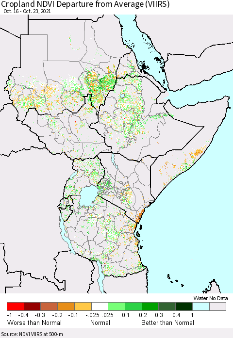 Eastern Africa Cropland NDVI Departure from Average (VIIRS) Thematic Map For 10/16/2021 - 10/23/2021