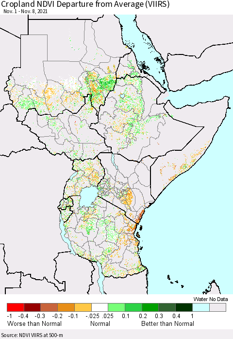 Eastern Africa Cropland NDVI Departure from Average (VIIRS) Thematic Map For 11/1/2021 - 11/8/2021