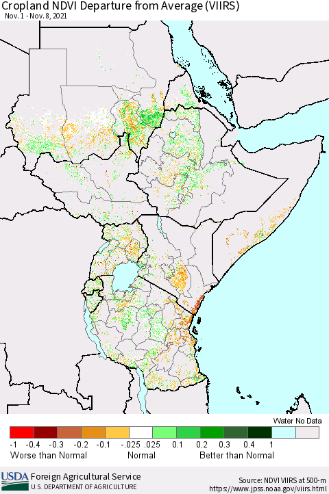 Eastern Africa Cropland NDVI Departure from Average (VIIRS) Thematic Map For 11/1/2021 - 11/10/2021