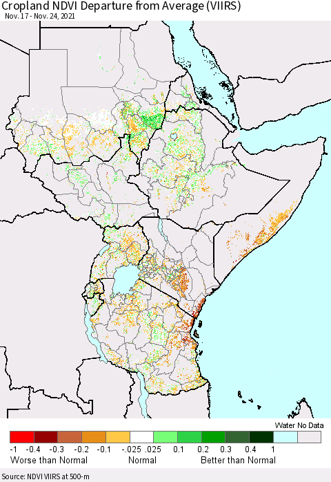 Eastern Africa Cropland NDVI Departure from Average (VIIRS) Thematic Map For 11/17/2021 - 11/24/2021