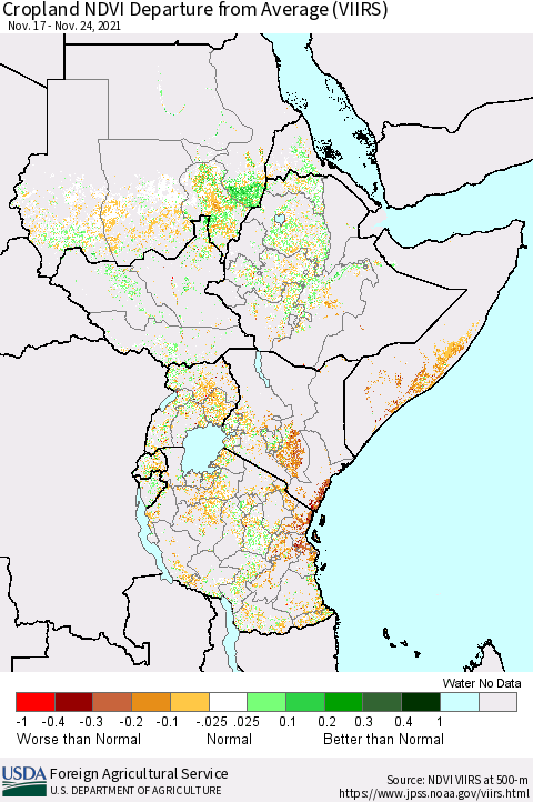 Eastern Africa Cropland NDVI Departure from Average (VIIRS) Thematic Map For 11/21/2021 - 11/30/2021