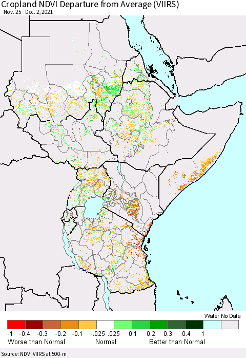 Eastern Africa Cropland NDVI Departure from Average (VIIRS) Thematic Map For 11/25/2021 - 12/2/2021