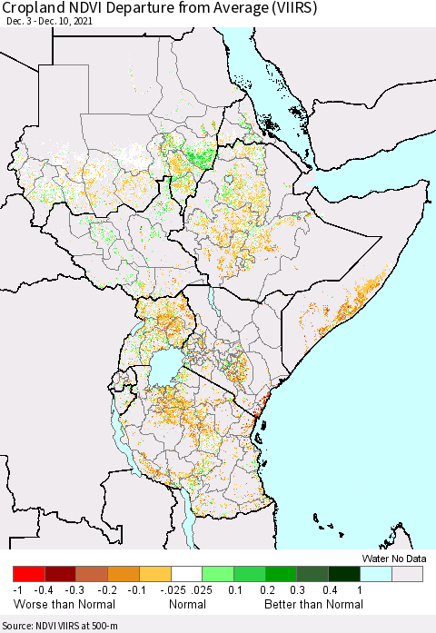 Eastern Africa Cropland NDVI Departure from Average (VIIRS) Thematic Map For 12/1/2021 - 12/10/2021