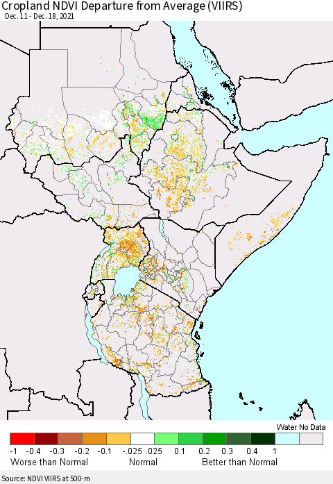 Eastern Africa Cropland NDVI Departure from Average (VIIRS) Thematic Map For 12/11/2021 - 12/18/2021