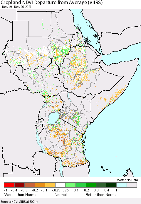 Eastern Africa Cropland NDVI Departure from Average (VIIRS) Thematic Map For 12/19/2021 - 12/26/2021