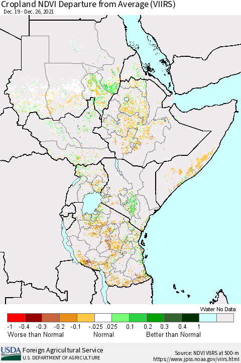 Eastern Africa Cropland NDVI Departure from Average (VIIRS) Thematic Map For 12/21/2021 - 12/31/2021