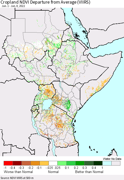 Eastern Africa Cropland NDVI Departure from Average (VIIRS) Thematic Map For 1/1/2022 - 1/8/2022