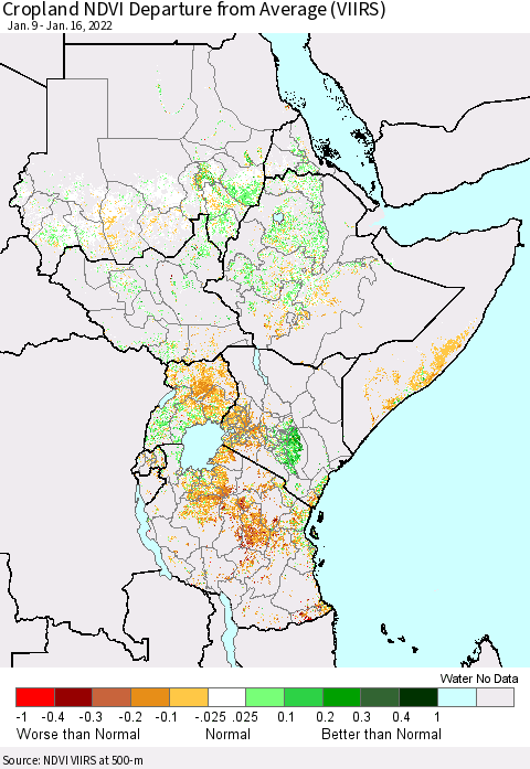 Eastern Africa Cropland NDVI Departure from Average (VIIRS) Thematic Map For 1/9/2022 - 1/16/2022