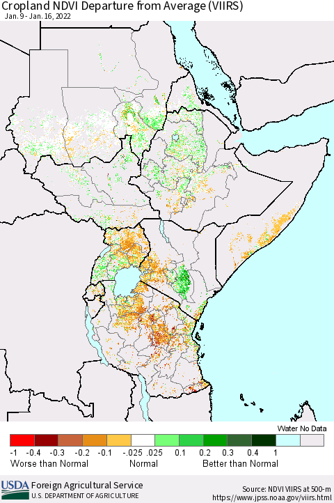 Eastern Africa Cropland NDVI Departure from Average (VIIRS) Thematic Map For 1/11/2022 - 1/20/2022