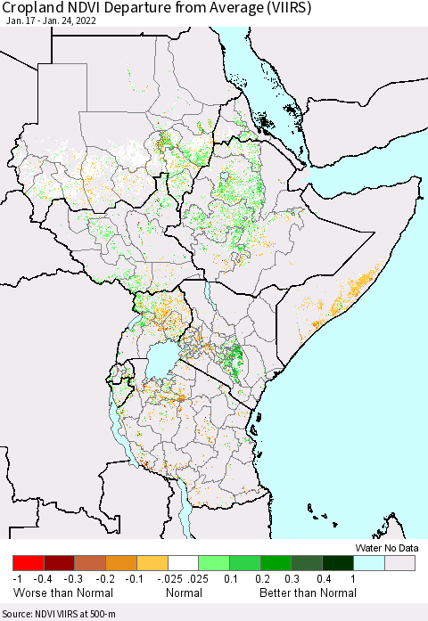 Eastern Africa Cropland NDVI Departure from Average (VIIRS) Thematic Map For 1/17/2022 - 1/24/2022