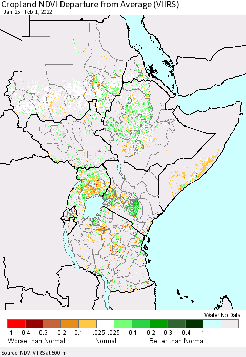 Eastern Africa Cropland NDVI Departure from Average (VIIRS) Thematic Map For 1/25/2022 - 2/1/2022
