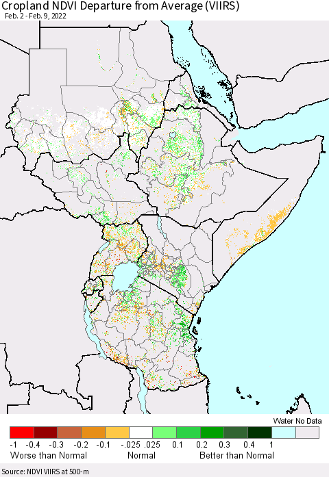 Eastern Africa Cropland NDVI Departure from Average (VIIRS) Thematic Map For 2/2/2022 - 2/9/2022