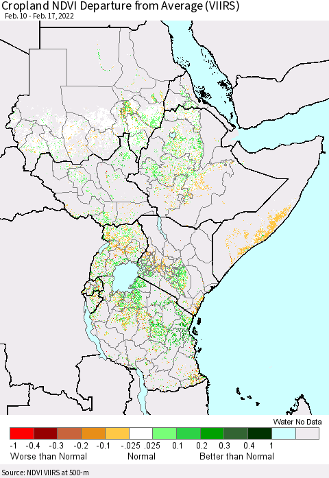 Eastern Africa Cropland NDVI Departure from Average (VIIRS) Thematic Map For 2/10/2022 - 2/17/2022