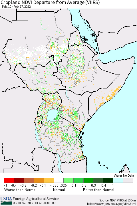 Eastern Africa Cropland NDVI Departure from Average (VIIRS) Thematic Map For 2/11/2022 - 2/20/2022