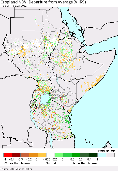 Eastern Africa Cropland NDVI Departure from Average (VIIRS) Thematic Map For 2/18/2022 - 2/25/2022
