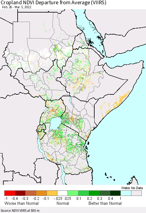 Eastern Africa Cropland NDVI Departure from Average (VIIRS) Thematic Map For 2/26/2022 - 3/5/2022
