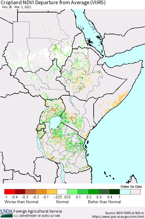 Eastern Africa Cropland NDVI Departure from Average (VIIRS) Thematic Map For 3/1/2022 - 3/10/2022