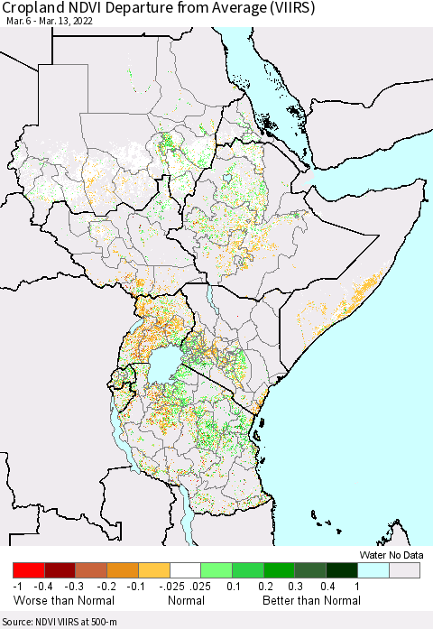 Eastern Africa Cropland NDVI Departure from Average (VIIRS) Thematic Map For 3/6/2022 - 3/13/2022