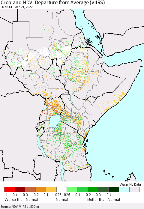 Eastern Africa Cropland NDVI Departure from Average (VIIRS) Thematic Map For 3/14/2022 - 3/21/2022