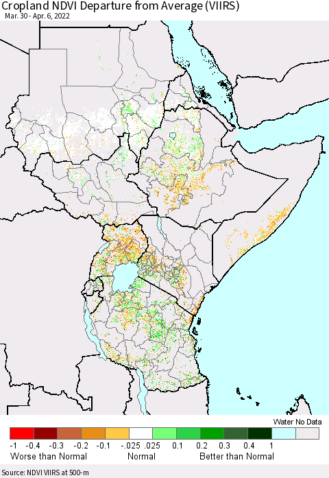 Eastern Africa Cropland NDVI Departure from Average (VIIRS) Thematic Map For 3/30/2022 - 4/6/2022
