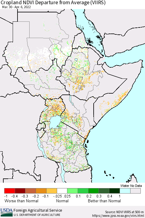 Eastern Africa Cropland NDVI Departure from Average (VIIRS) Thematic Map For 4/1/2022 - 4/10/2022