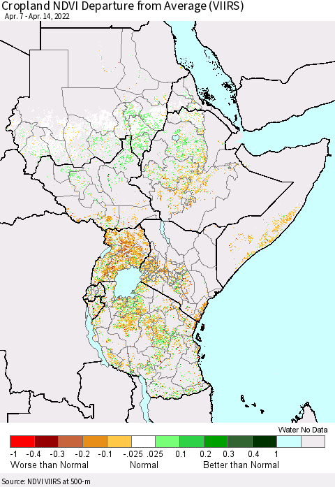 Eastern Africa Cropland NDVI Departure from Average (VIIRS) Thematic Map For 4/7/2022 - 4/14/2022
