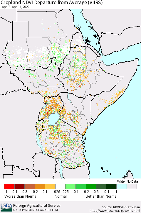 Eastern Africa Cropland NDVI Departure from Average (VIIRS) Thematic Map For 4/11/2022 - 4/20/2022