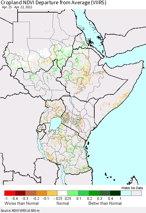 Eastern Africa Cropland NDVI Departure from Average (VIIRS) Thematic Map For 4/15/2022 - 4/22/2022