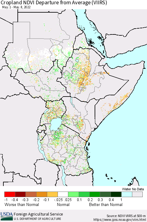 Eastern Africa Cropland NDVI Departure from Average (VIIRS) Thematic Map For 5/1/2022 - 5/10/2022