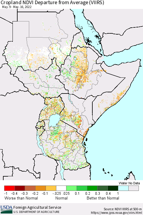 Eastern Africa Cropland NDVI Departure from Average (VIIRS) Thematic Map For 5/11/2022 - 5/20/2022