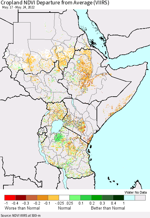 Eastern Africa Cropland NDVI Departure from Average (VIIRS) Thematic Map For 5/17/2022 - 5/24/2022