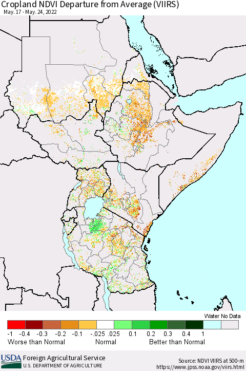 Eastern Africa Cropland NDVI Departure from Average (VIIRS) Thematic Map For 5/21/2022 - 5/31/2022