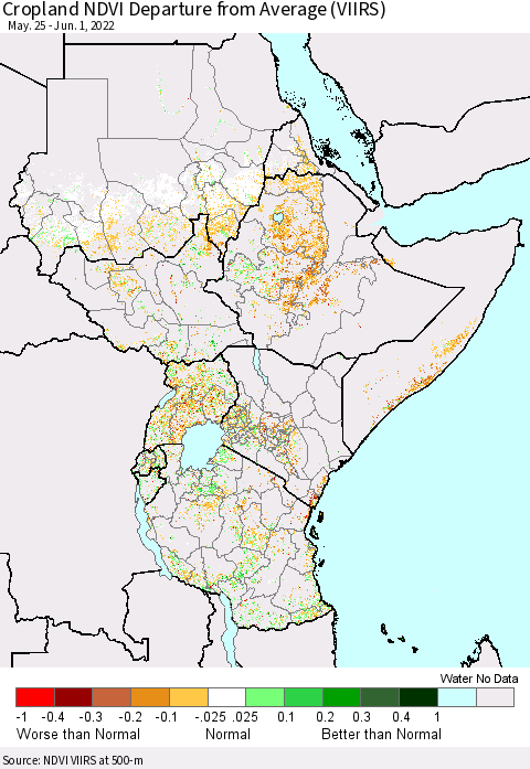 Eastern Africa Cropland NDVI Departure from Average (VIIRS) Thematic Map For 5/25/2022 - 6/1/2022