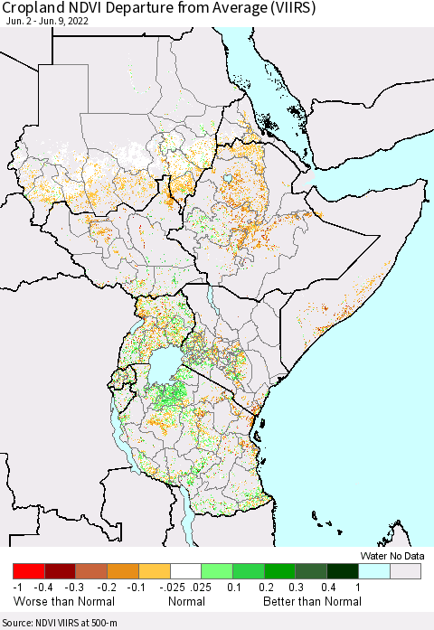 Eastern Africa Cropland NDVI Departure from Average (VIIRS) Thematic Map For 6/2/2022 - 6/9/2022