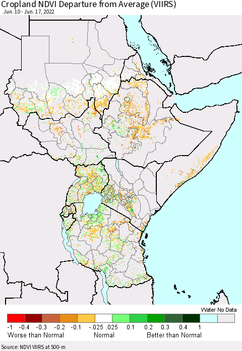 Eastern Africa Cropland NDVI Departure from Average (VIIRS) Thematic Map For 6/10/2022 - 6/17/2022