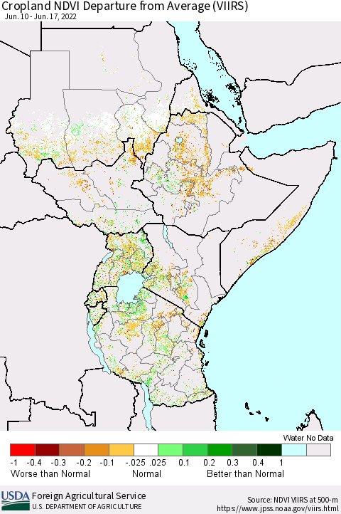 Eastern Africa Cropland NDVI Departure from Average (VIIRS) Thematic Map For 6/11/2022 - 6/20/2022
