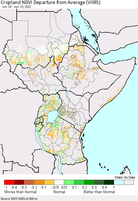 Eastern Africa Cropland NDVI Departure from Average (VIIRS) Thematic Map For 6/18/2022 - 6/25/2022