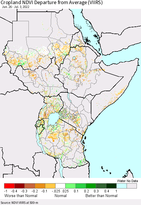 Eastern Africa Cropland NDVI Departure from Average (VIIRS) Thematic Map For 6/26/2022 - 7/3/2022