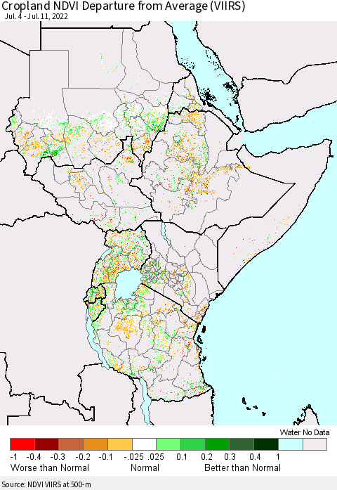 Eastern Africa Cropland NDVI Departure from Average (VIIRS) Thematic Map For 7/4/2022 - 7/11/2022