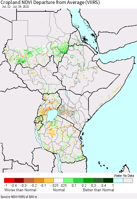 Eastern Africa Cropland NDVI Departure from Average (VIIRS) Thematic Map For 7/12/2022 - 7/19/2022