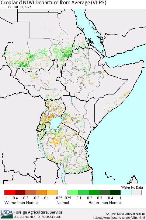 Eastern Africa Cropland NDVI Departure from Average (VIIRS) Thematic Map For 7/11/2022 - 7/20/2022
