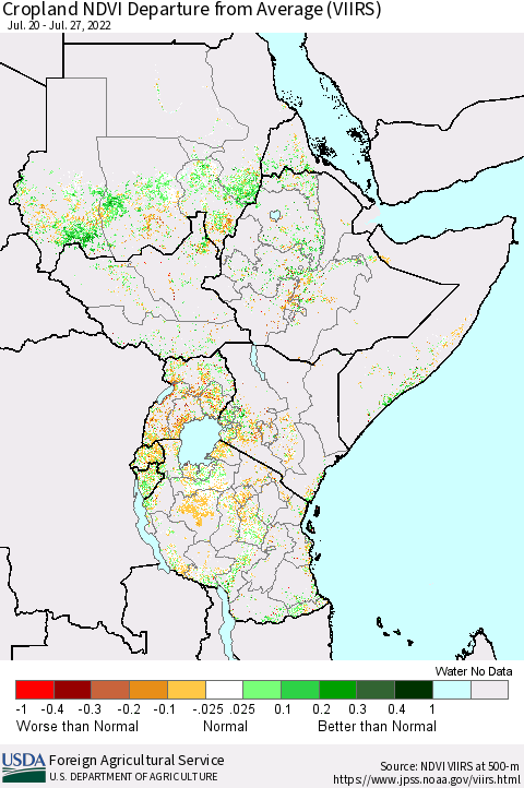 Eastern Africa Cropland NDVI Departure from Average (VIIRS) Thematic Map For 7/21/2022 - 7/31/2022