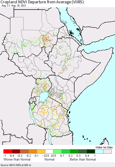 Eastern Africa Cropland NDVI Departure from Average (VIIRS) Thematic Map For 8/11/2022 - 8/20/2022