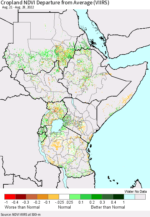 Eastern Africa Cropland NDVI Departure from Average (VIIRS) Thematic Map For 8/21/2022 - 8/28/2022