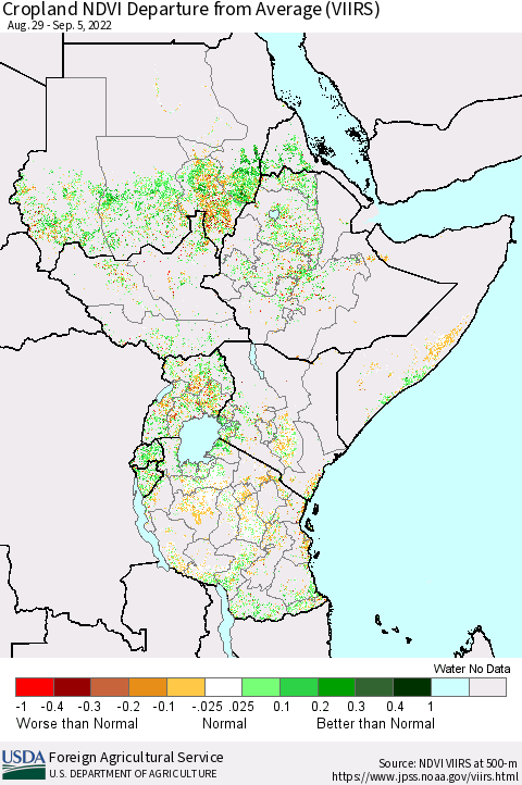 Eastern Africa Cropland NDVI Departure from Average (VIIRS) Thematic Map For 9/1/2022 - 9/10/2022