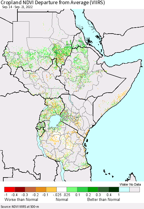 Eastern Africa Cropland NDVI Departure from Average (VIIRS) Thematic Map For 9/14/2022 - 9/21/2022